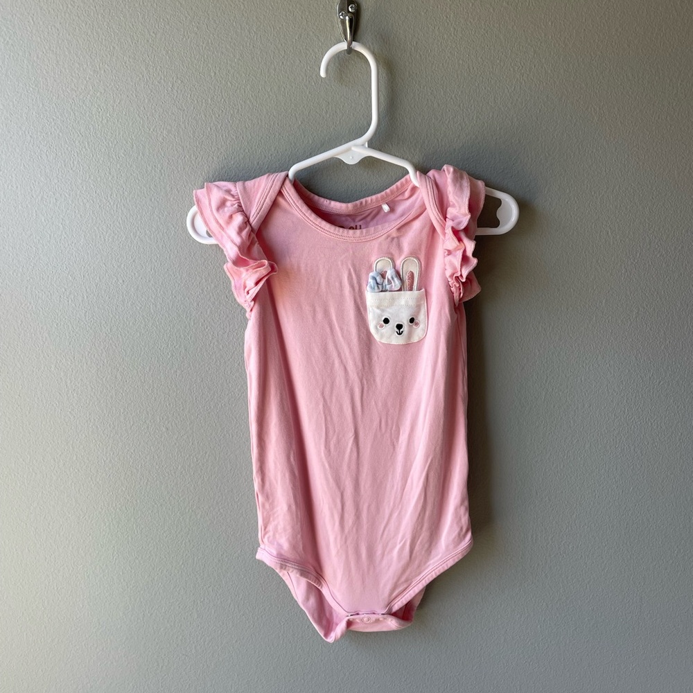 Little Sleepies Bamboo Pink Bodysuit with Ruffle Sleeves and Bunny Pocket